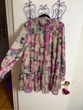 💜 XL Fate Pink, Green & Cream Tiered Smocked Long-Sleeve Dress